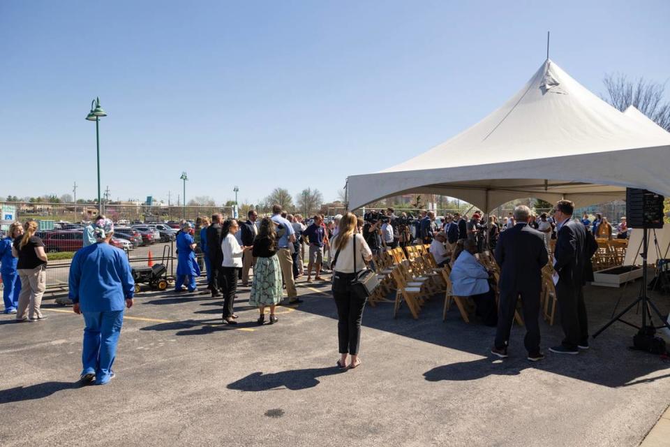 A groundbreaking for St. Luke’s East drew a crowd in April. Although the expansion and renovations are slated for completion next year, some areas will be finished by this fall and ready for patients. Courtesy photo