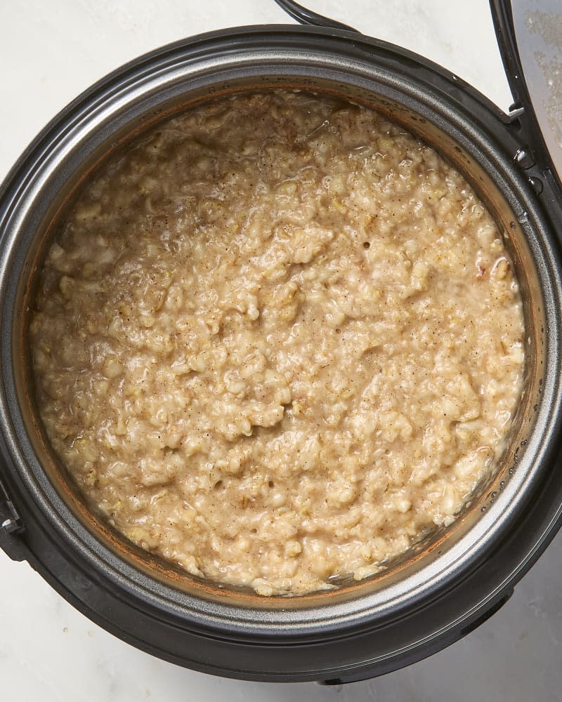 overhead shot of oatmeal being made in a rice cooker