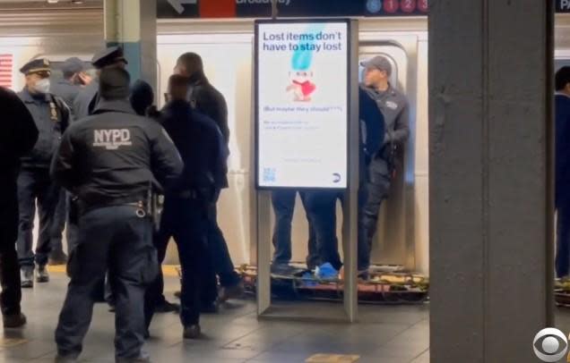 Investigators in the Times Square subway station on January 15, 2022 after a woman was pushed form the platform onto the tracks, into the path of an oncoming train. She died at the scene. / Credit: CBS New York