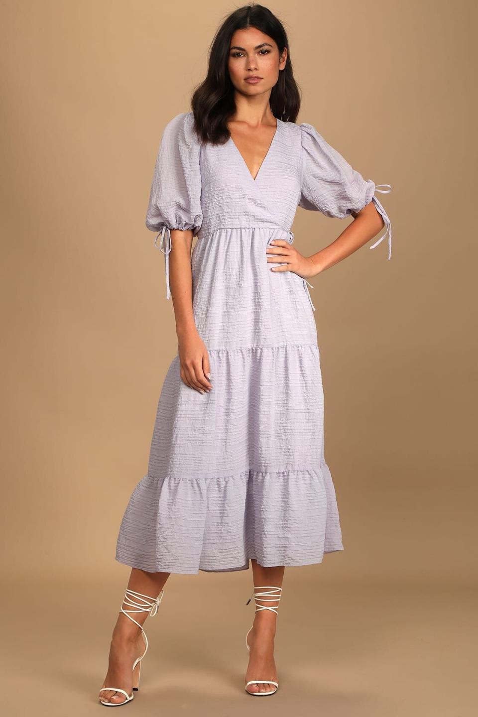 Lulus Capture Your Heart Lavender Tiered Puff Sleeve Midi Dress