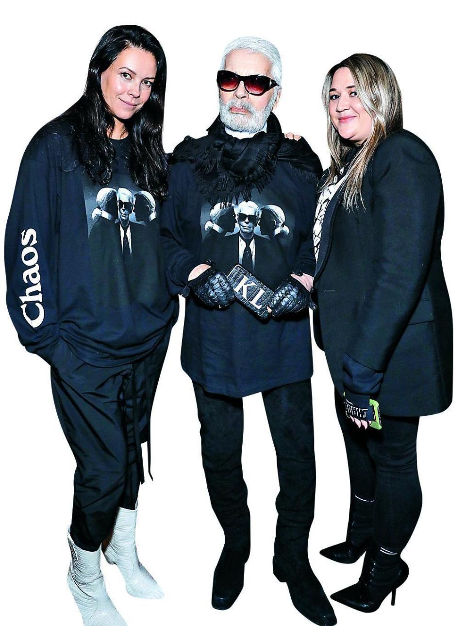 Karl Lagerfeld with Charlotte Stockdale, left, and Katie Lyall