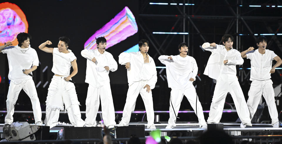 K-pop group ATBO performs during a K-Pop concert after the closing ceremony of the World Scout Jamboree at the World Cup Stadium in Seoul, South Korea, Friday, Aug. 11, 2023. Flights and trains resumed and power was mostly restored Friday after a tropical storm blew through South Korea, which was preparing a pop concert for 40,000 Scouts whose global Jamboree was disrupted by the weather. (Korea Pool via AP)