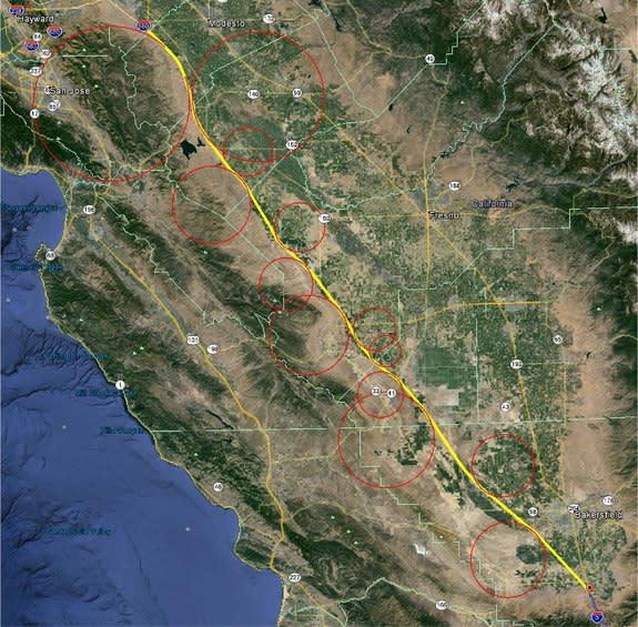I-5 Section of proposed Hyperloop route. The preliminary route is shown in yellow. Bend radii are shown in red.