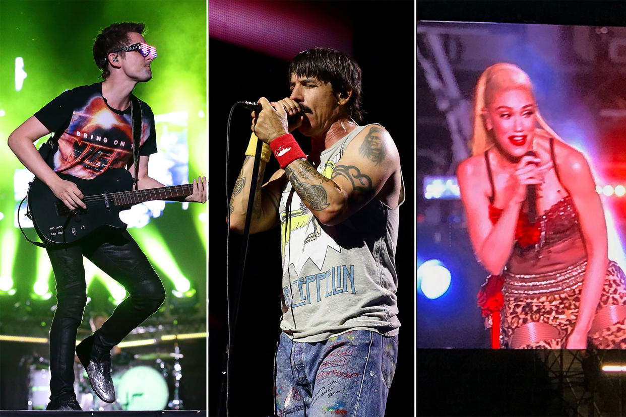 From left: Matt Bellamy of Muse, Anthony Kiedis of the Red Hot Chili Peppers and Gwen Stefani performing at the Singapore Grand Prix. (PHOTOS: Getty Images, Yahoo News Singapore)
