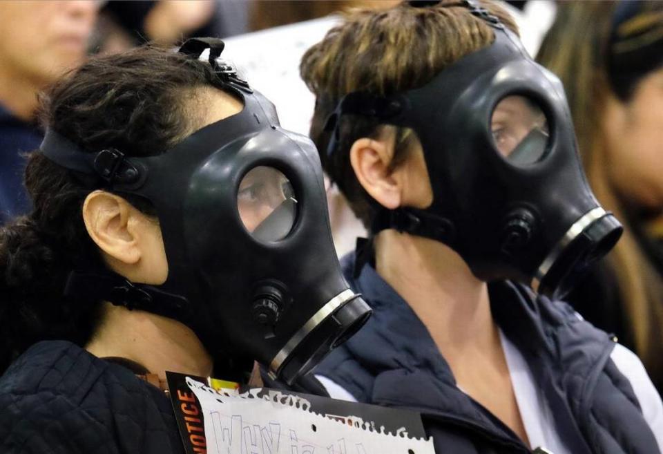 Protesters attending a 2016 hearing concerning a gas leak at the Aliso Canyon Storage Facility near Los Angeles wore gas masks to get their point across to the California Public Utilities Commission.