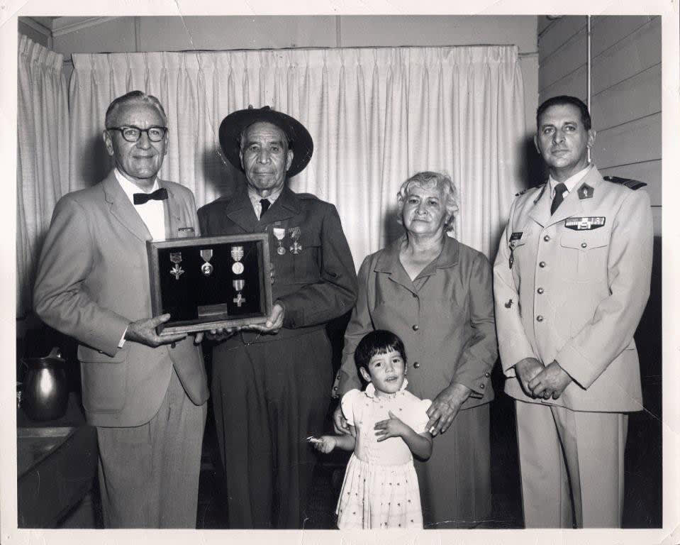 Commander M.R. McKinney, Marcelino Serna, Diana Stopani, Mrs. M. Serna, and Major Bernard L. Mourlevat. (Courtesy Texas Historical Commission)