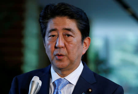 Japan's Prime Minister Shinzo Abe speaks on reports of the launch of a North Korean missile to reporters, at his official residence in Tokyo, Japan May 14, 2017. REUTERS/Toru Hanai