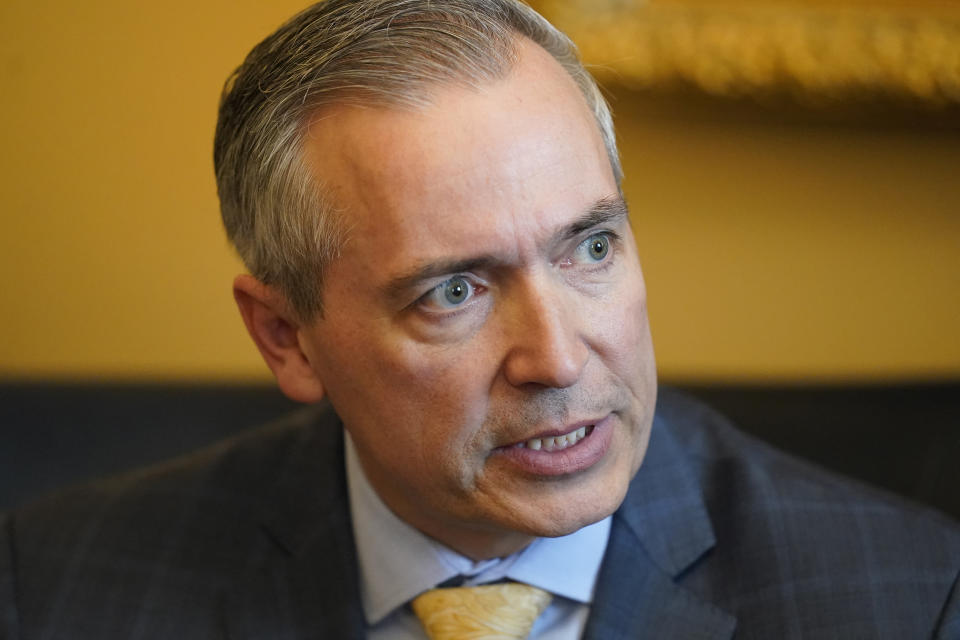 Sen. Dan McCay, R-Riverton, speaks during a Senate media availability on Thursday, March 2, 2023, at the Utah State Capitol, in Salt Lake City. A proposal to ban abortion clinics in Utah and have them provided exclusively at hospitals passed the Utah Legislature. It now heads to Gov. Spencer Cox's desk. (AP Photo/Rick Bowmer)