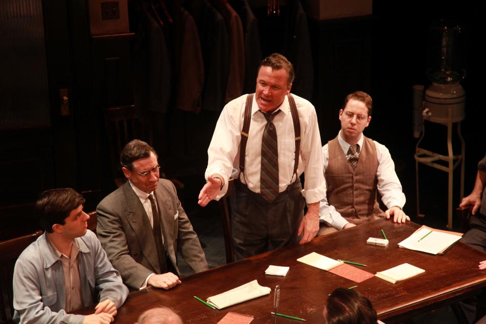 A scene from Frank Galati’s 2011 directorial debut at Asolo Repertory Theatre with “Twelve Angry Men,” featuring, from left, Ron Kagan, David Breitbarth, James Clarke and Adam Carpenter.