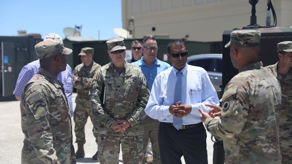 Chief Information Officer Raj Iyer, third from left, is greeted by leaders of U.S. Army Pacific in 2021. (Pfc. Richard Mohr, 28th Public Affairs Detachment/U.S. Army)