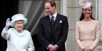 <p>Queen Elizabeth waves to the crowds alongside Prince William and Duchess Kate while standing on the balcony of Buckingham Palace after a service of thanksgiving in honor of her Diamond Jubilee.</p>