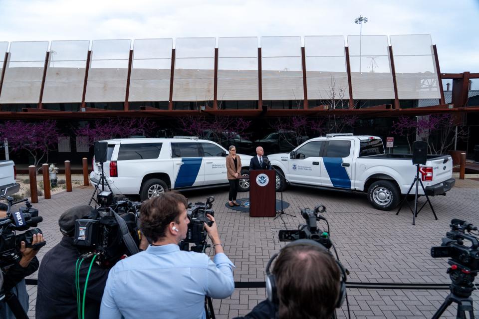 Arizona Governor Katie Hobbs, left, and Secretary of the Department of Homeland Security Alejandro N. Mayorkas, right, attend a press conference at the U.S. Customs and Border Protection Mariposa Port of Entry in Nogales on March 21, 2023.