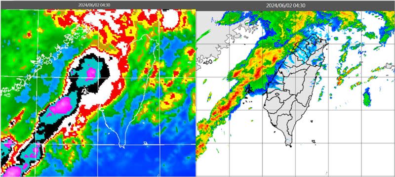 圖：今(2日)晨4：30紅外線雲圖顯示，台灣海峽有線狀雲系接近中(左圖)，伴隨強降水回波(右圖)。