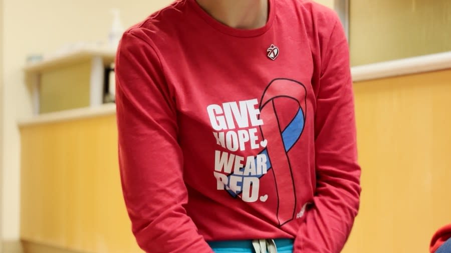 Many nurses in the clinic wore this red shirt in support of congenital heart disease awareness week. 