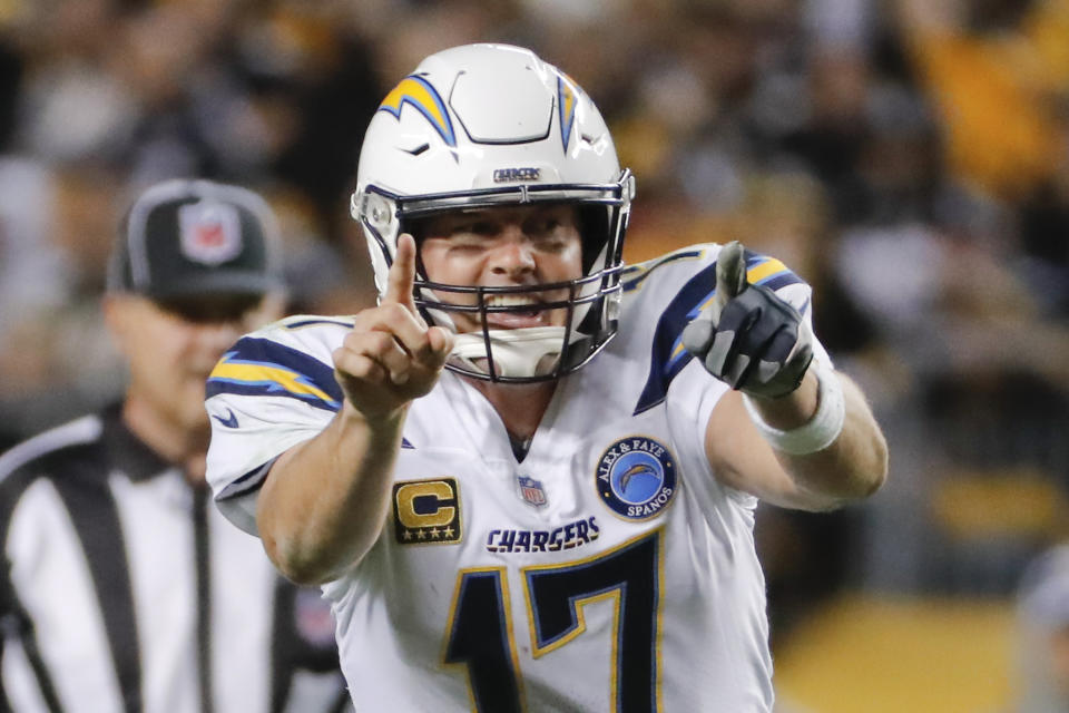 Los Angeles Chargers quarterback Philip Rivers (17) calls signals as he plays against the Pittsburgh Steelers in the second half of an NFL football game, Sunday, Dec. 2, 2018, in Pittsburgh. The Chargers beat the Steelers 33-30. (AP Photo/Gene J. Puskar)