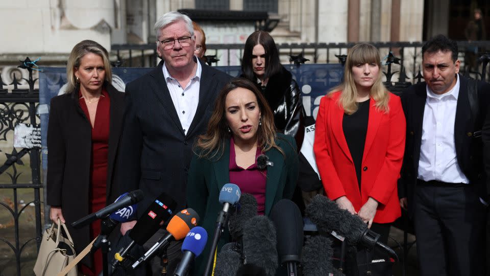 Stella Assange, the wife of WikiLeaks founder Julian Assange, delivers a speech outside The Royal Courts of Justice, Britain's High Court, in central London on March 26, 2024. - Daniel Leal/AFP/Getty Images