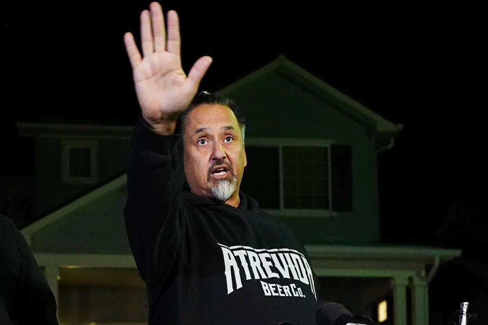 Richard Fierro during a news conference outside his home on Monday, speaking about his efforts to subdue the gunman in Saturday's shooting at Club Q, in Colorado Springs. (Jack Dempsey / AP)