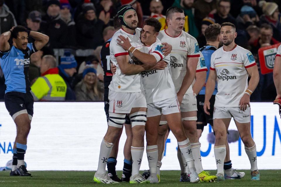 Ulster players celebrate their late win