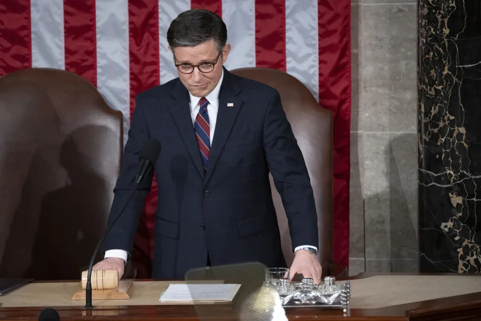 Speaker of the House Mike Johnson, R-La., waits to raise the gavel to formally conclude a joint meeting of Congress after Japan's Prime Minister Fumio Kishida finished an address in the House chamber, Thursday, April 11, 2024, at the Capitol in Washington. (AP Photo/Jacquelyn Martin)