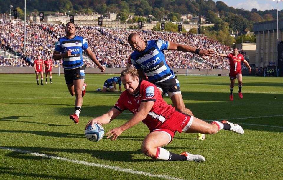 Max Malins scores a try for Saracens during their 71-17 victory over Bath (David Davies/PA) (PA Wire)