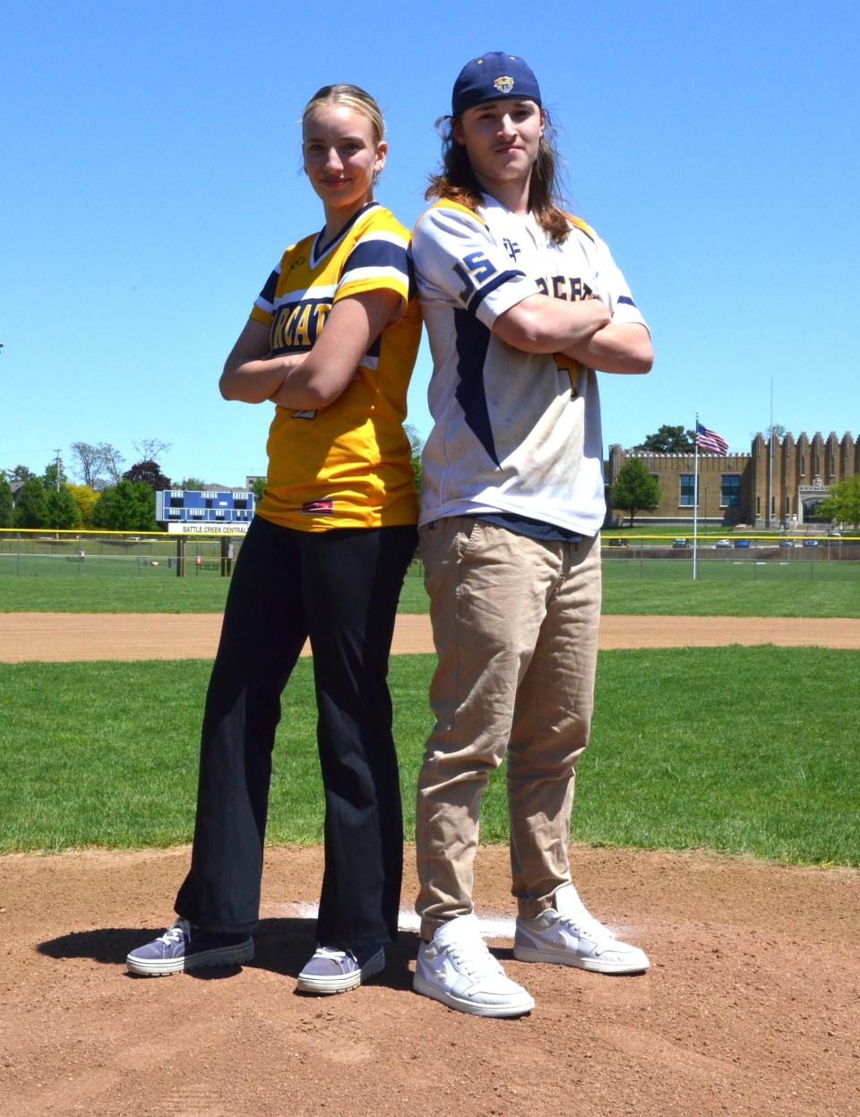 Kaylynn Jones, left, and Caleb Jones are twins and seniors at Battle Creek Central. Kaylynn is the No. 1 pitcher for the Bearcat softball team. Caleb is the leading pitcher and starting outfielder for the Bearcat baseball team.