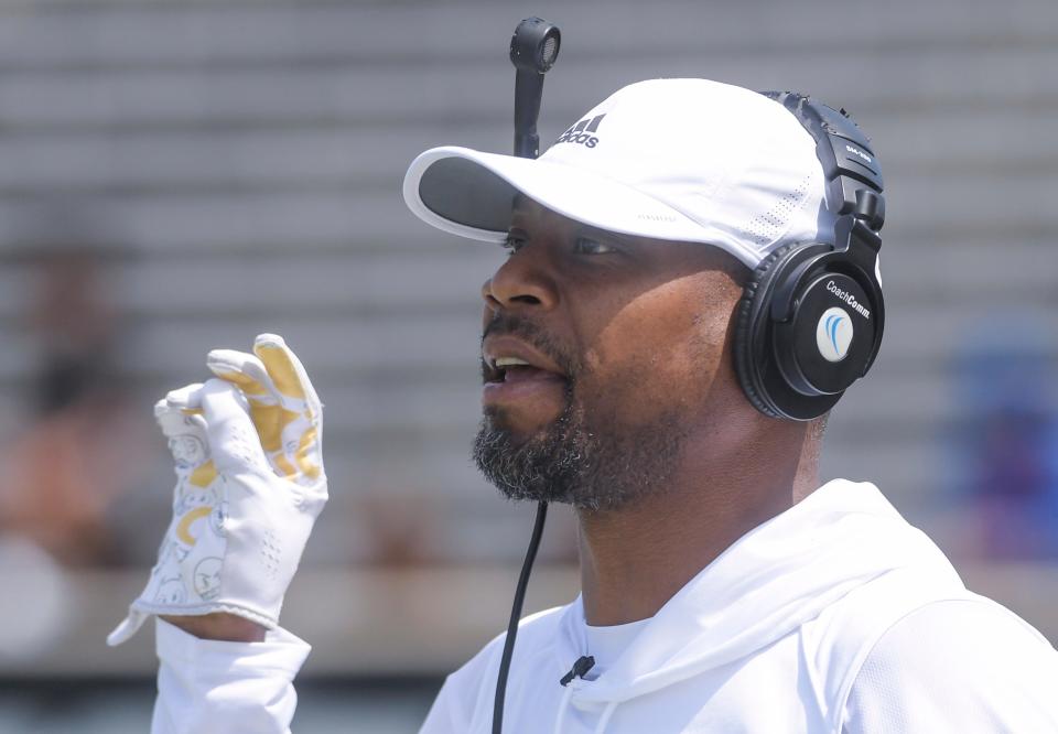 Alabama State assistant coach Jacoby Jones during ASU’s Black and Gold Spring Game at Hornet Stadium in Montgomery, Ala., on Saturday April 15, 2023. 