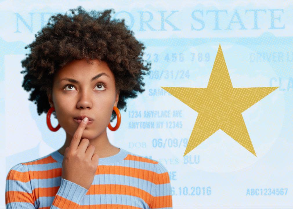 Woman with question in front of driver license background.