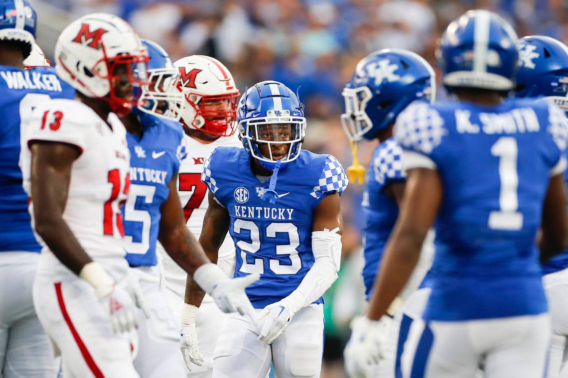 Kentucky cornerback Andru Phillips (23) is the son of former UK linebacker Carlos Phillips and LaTonya Phillips, who was a standout athlete at Danville High School.