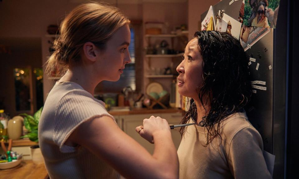 Jodie Comer as Villanelle with Sandra Oh as Eve (BBC One)