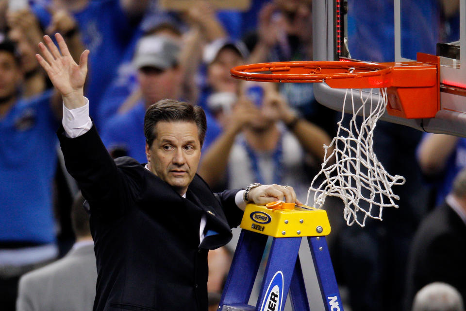 NEW ORLEANS, LA - APRIL 2: The Wildcats prepare to cut down the nets after defeating the Kansas Jayhawks 67-59 in the national championship game of the 2012 NCAA Division I Men's Basketball Tournament at Mercedes-Benz. Head coach John Calipari celebrates while playing at the Superdome on April 2, 2012 in New Orleans, Louisiana.  (Photo by Chris Gracen/Getty Images)