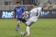 Israel's Neta Lavi, right, and Kosovo's Florian Loshaj, left, challenge for the ball during the Euro 2024 group I qualifying soccer match between Kosovo and Israel at the Fadil Vokrri stadium in Pristina, Kosovo, Sunday, Nov. 12, 2023. (AP Photo/Visar Kryeziu)