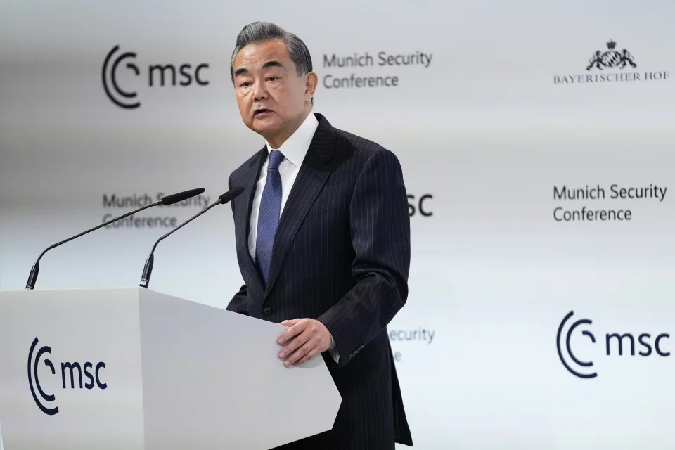 China's Director of the Office of the Central Foreign Affairs Commission Wang Yi speaks at the Munich Security Conference in Munich, Saturday, Feb. 18, 2023. The 59th Munich Security Conference (MSC) is taking place from Feb. 17 to Feb. 19, 2023 at the Bayerischer Hof Hotel in Munich. (AP Photo/Petr David Josek)