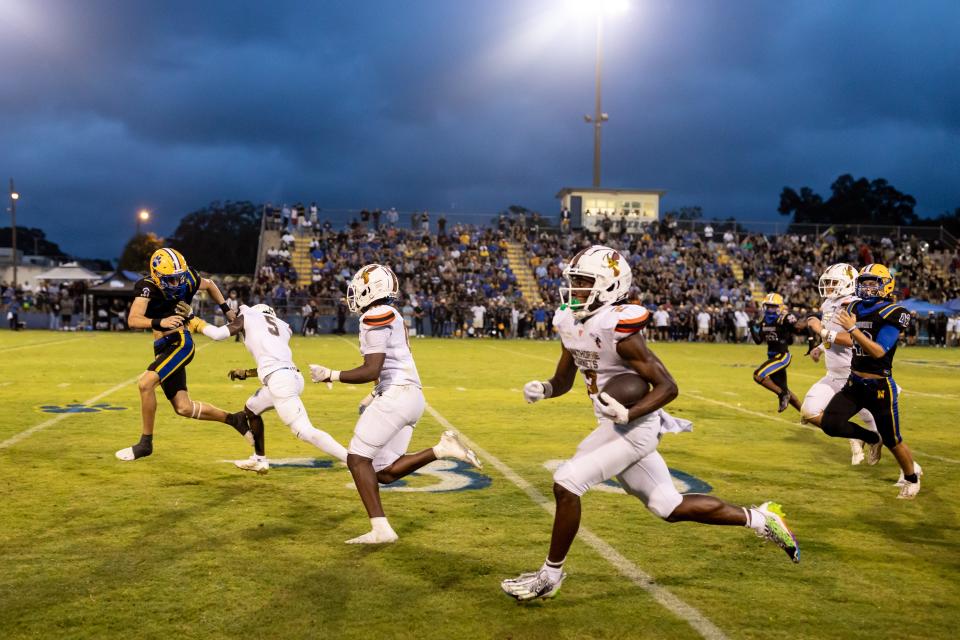 Hawthorne Hornets wide receiver Alvon Isaac (2) runs with the ball after a kickoff en route to a touchdown during the first half against the Newberry Panthers at Newberry High School in Newberry, FL on Friday, September 1, 2023. [Matt Pendleton/Gainesville Sun]