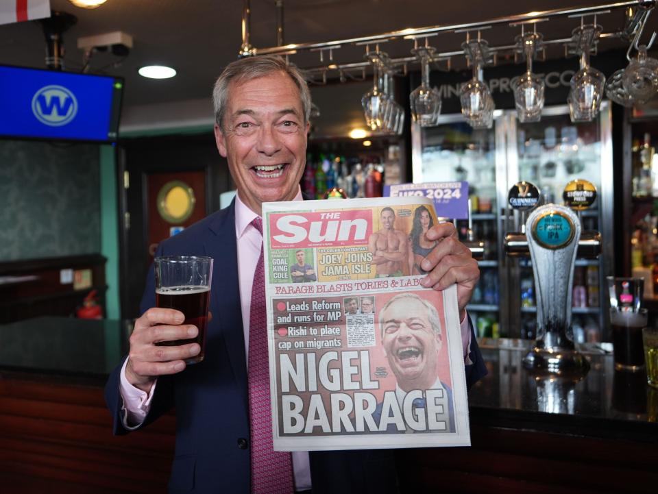 Leader of Reform UK Nigel Farage speaks to the media following the launch of his General Election campaign in Clacton-on-Sea, Essex. Picture date: Tuesday June 4, 2024.