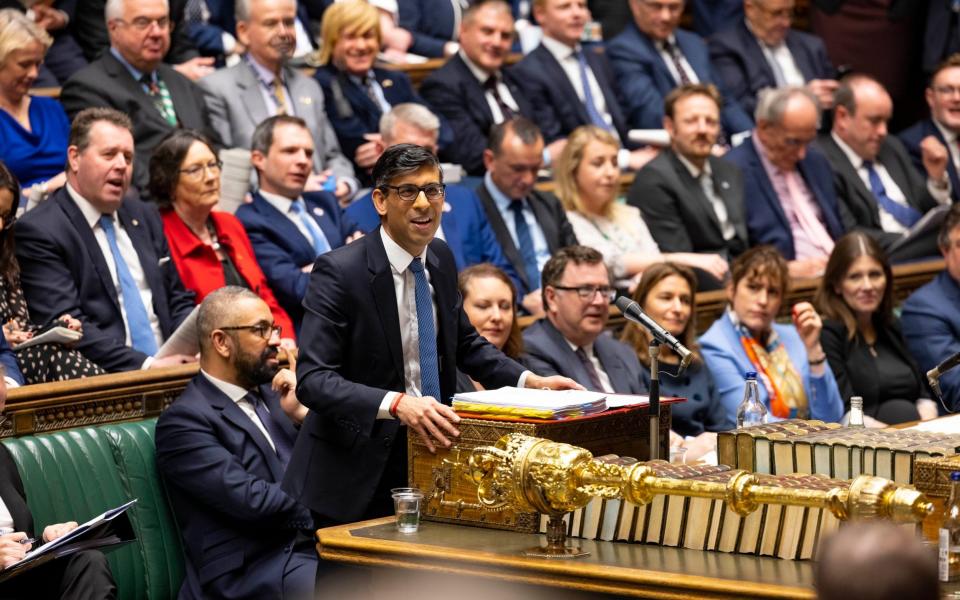 Rishi Sunak, the Prime Minister, addresses the House of Commons during PMQs today - Roger Harris/UK Parliament 