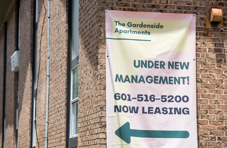 A sign advertising the Gardenside Apartments, seen on Wednesday July 10, 2024, in Jackson, Miss.
