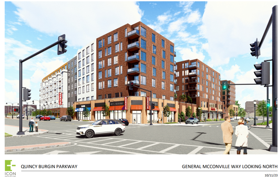 A rendering of a proposed multiuse development at the site of the IHOP in Quincy Center.