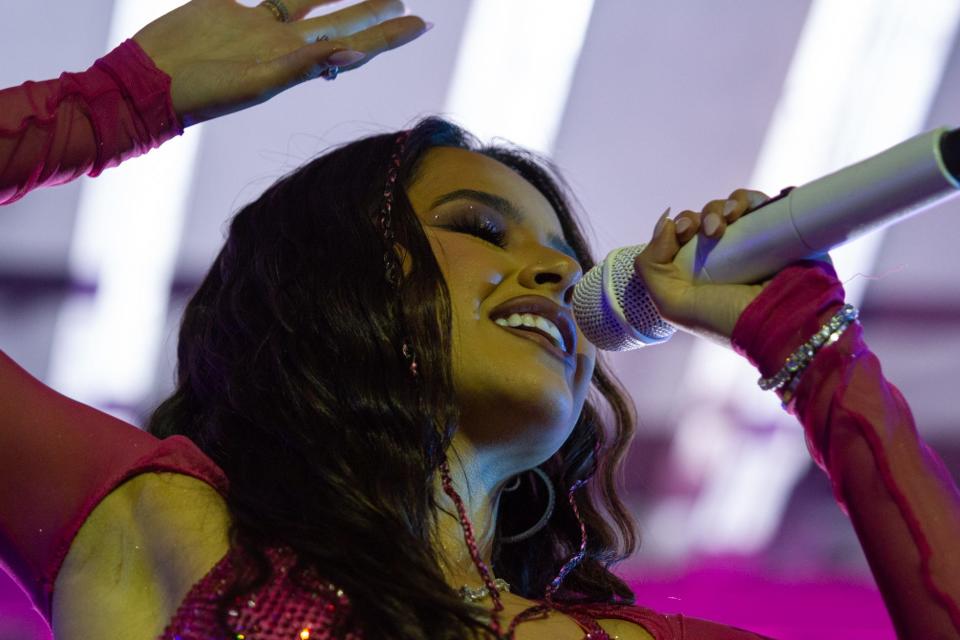 Becky G performs during her "Mi casa, tu casa" tour at the at the Abraham Chavez Theatre in El Paso, Texas on Oct. 3, 2023.
