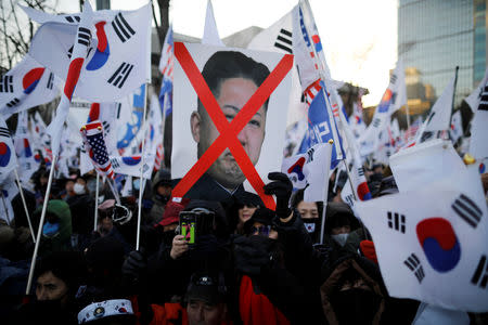 Members of a South Korean conservative civic group take part in an anti-North Korea protest in Seoul, South Korea, December 8, 2018. Picture taken December 8, 2018. REUTERS/Kim Hong-Ji