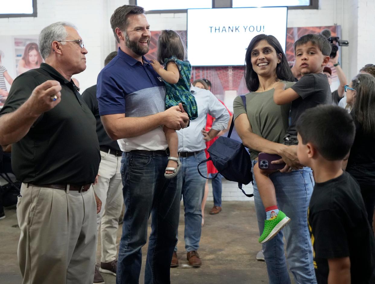 Aug. 4, 2023; Columbus, Oh., USA;  Sen. J.D. Vance and his wife Usha vance tour the Dairy Products Building at the Ohio State Fair with Scott Higgins, CEO of the American Dairy Association - Mideast and the Ohio Dairy Producers Association.