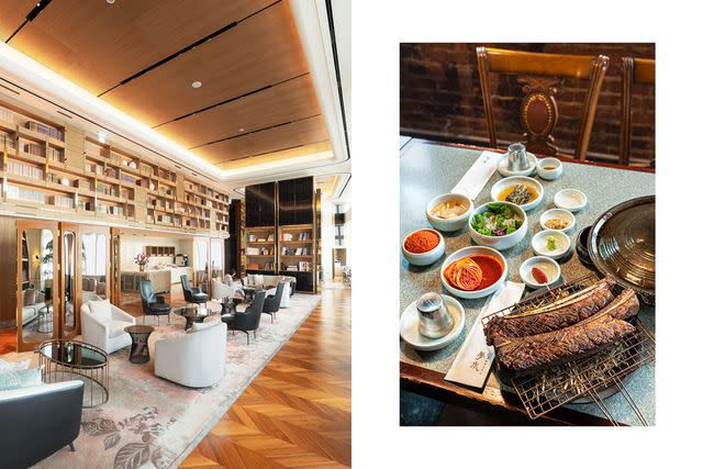 <p>Youngkyu Park</p> From left: The guests-only lounge at the Signiel Seoul; udae galbi, or beef ribs, at the popular Mongtan barbecue restaurant.