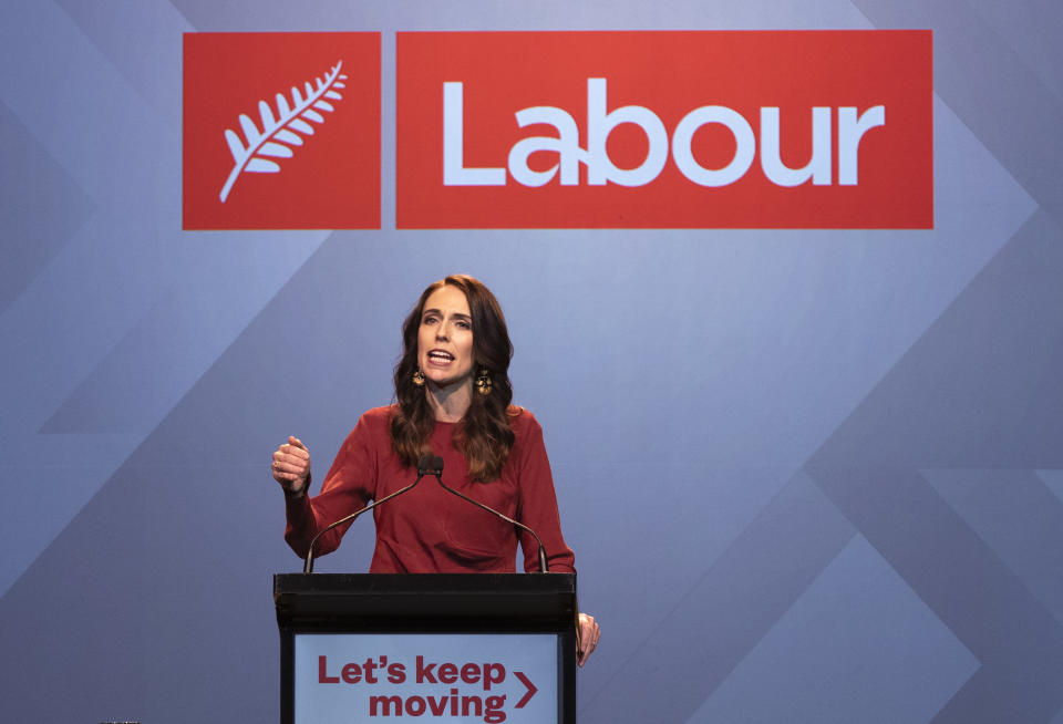 New Zealand Prime Minister Jacinda Ardern gestures as she gives her victory speech to Labour Party members at an event in Auckland, New Zealand, Saturday, Oct. 17, 2020. (AP Photo/Mark Baker)