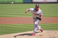 Washington Nationals starting pitcher Joe Ross throws during the first inning of a baseball game against the St. Louis Cardinals Wednesday, April 14, 2021, in St. Louis. (AP Photo/Jeff Roberson)