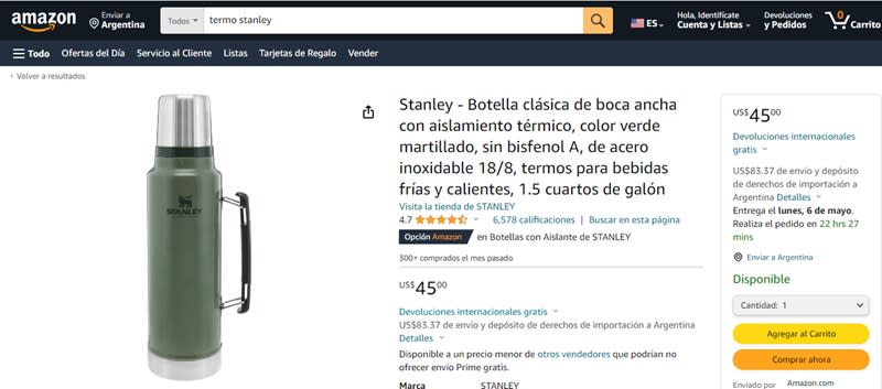 El termo Stanley en Amazon cuesta u$s45. Si se le suma el envío, el valor asciende a u$s83