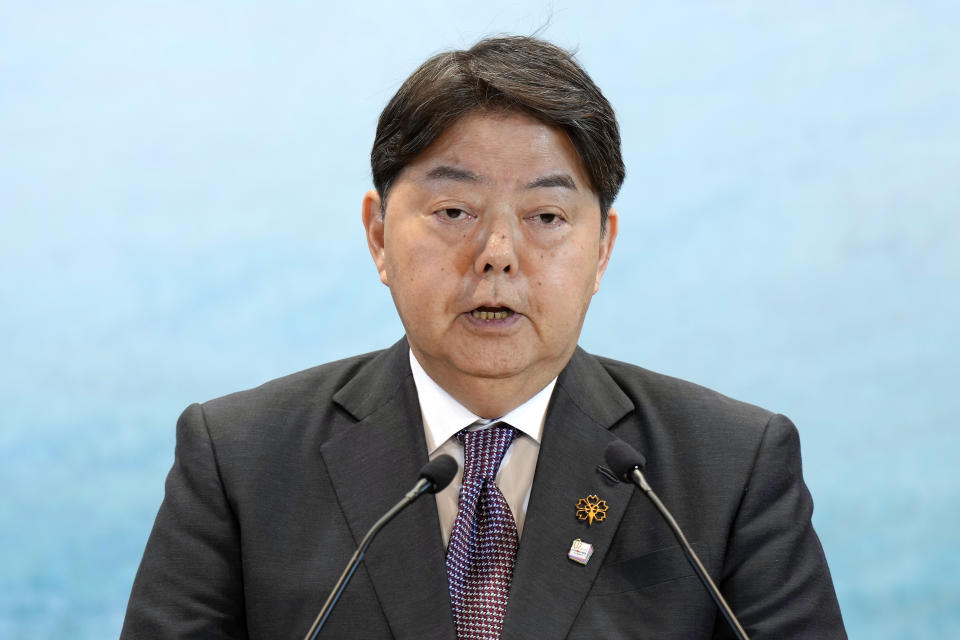 Japanese Foreign Minister Yoshimasa Hayashi speaks during the presidency's press conference at the G7 Foreign Ministers' Meeting Tuesday, April 18, 2023, in Karuizawa, a resort town north of Tokyo. (AP Photo/Eugene Hoshiko, Pool)