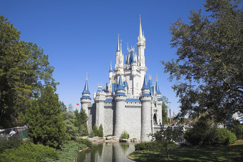 Cinderella Castle at Walt Disney World in Florida, surrounded by trees and a moat, under a clear blue sky