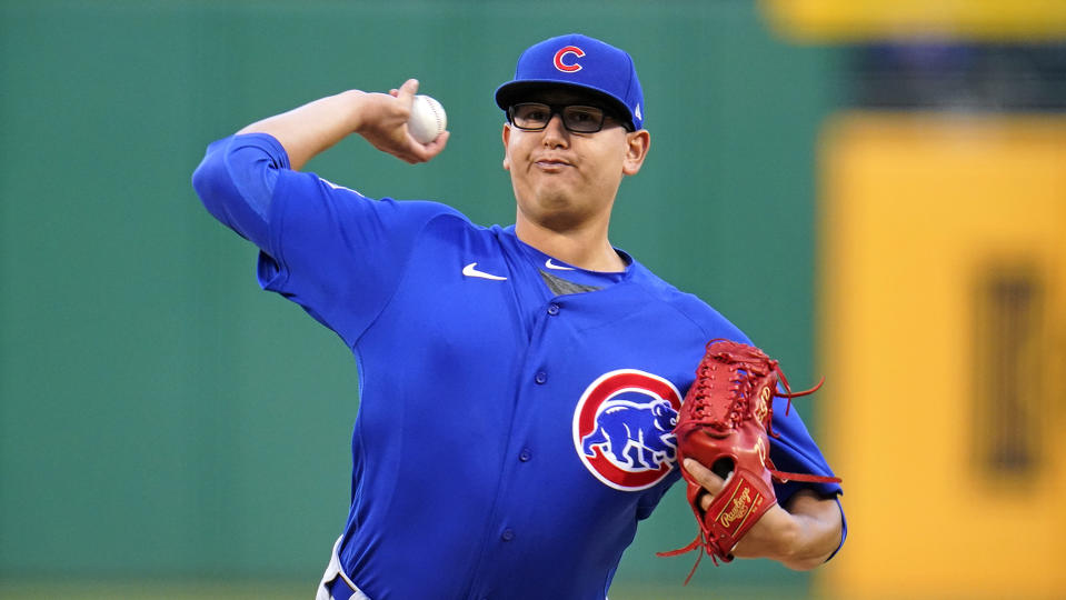 Chicago Cubs starting pitcher Javier Assad delivers during the first inning of the team's baseball game against the Pittsburgh Pirates in Pittsburgh, Friday, Sept. 23, 2022. (AP Photo/Gene J. Puskar)