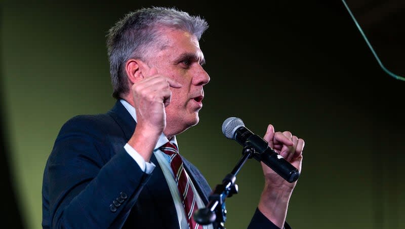 Phil Lyman, gubernatorial candidate, speaks during the Utah Republican Party state nominating convention at the Salt Palace Convention Center in Salt Lake City on Saturday, April 27, 2024.