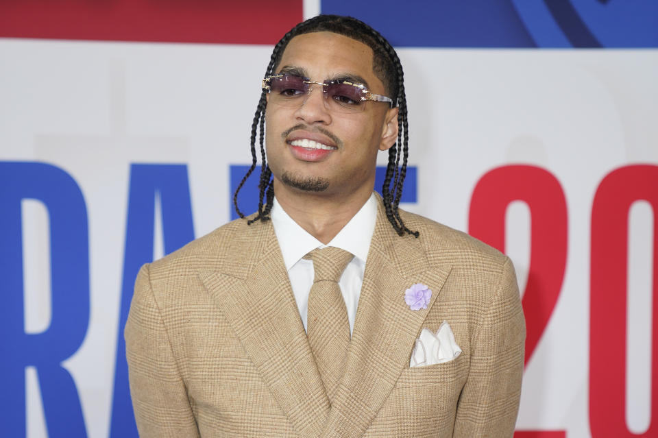 Jett Howard arrives before the NBA basketball draft at Barclays Center, Thursday, June 22, 2023, in New York. (AP Photo/John Minchillo)