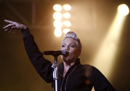 U.S. singer Pink performs on main stage during Budapest's Sziget Music Festival on an island in the Danube River in this August 10, 2007 file photo. REUTERS/Laszlo Balogh/Files ENTERTAINMENT)